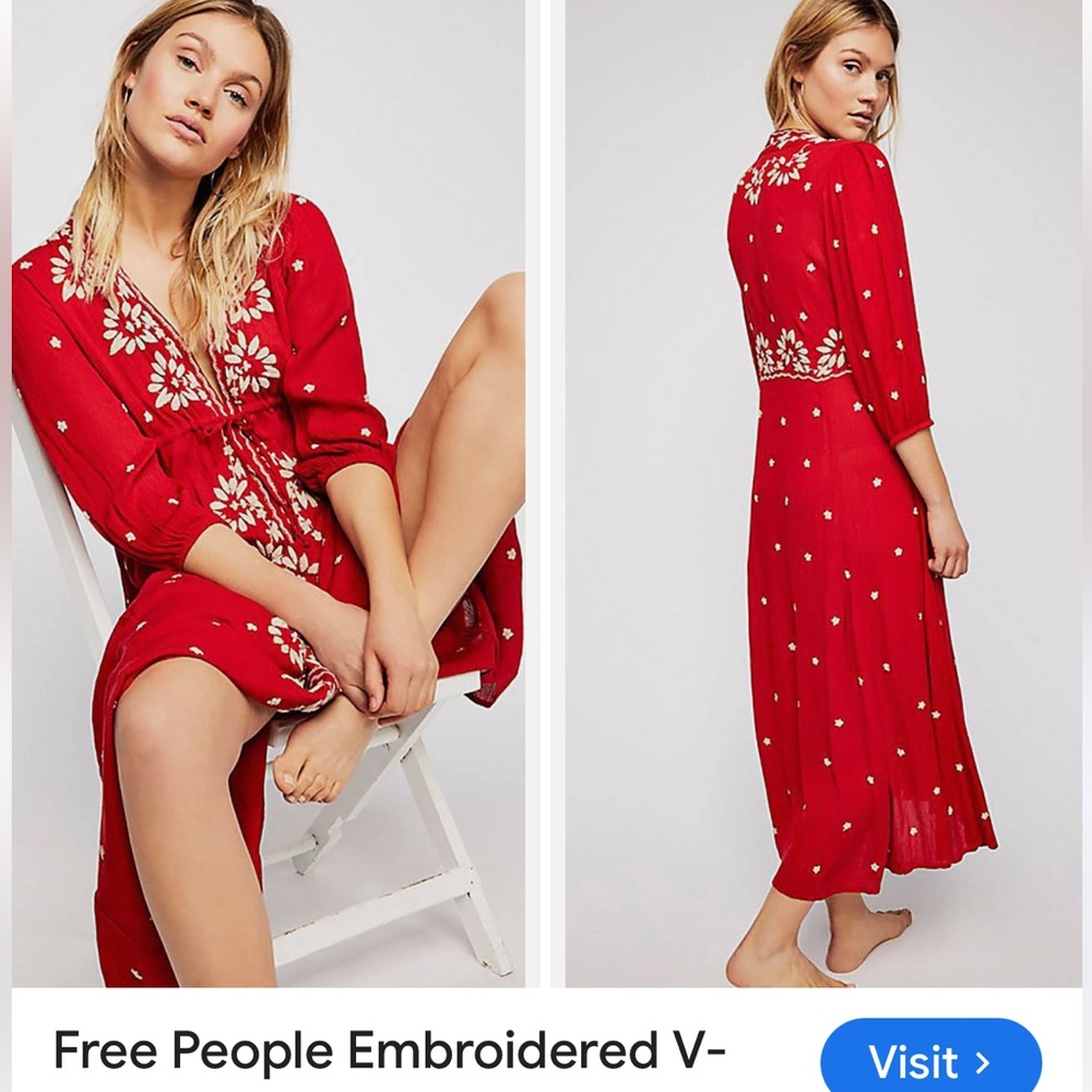 Free People Vneck Maxi dress Red Embroidered Size S